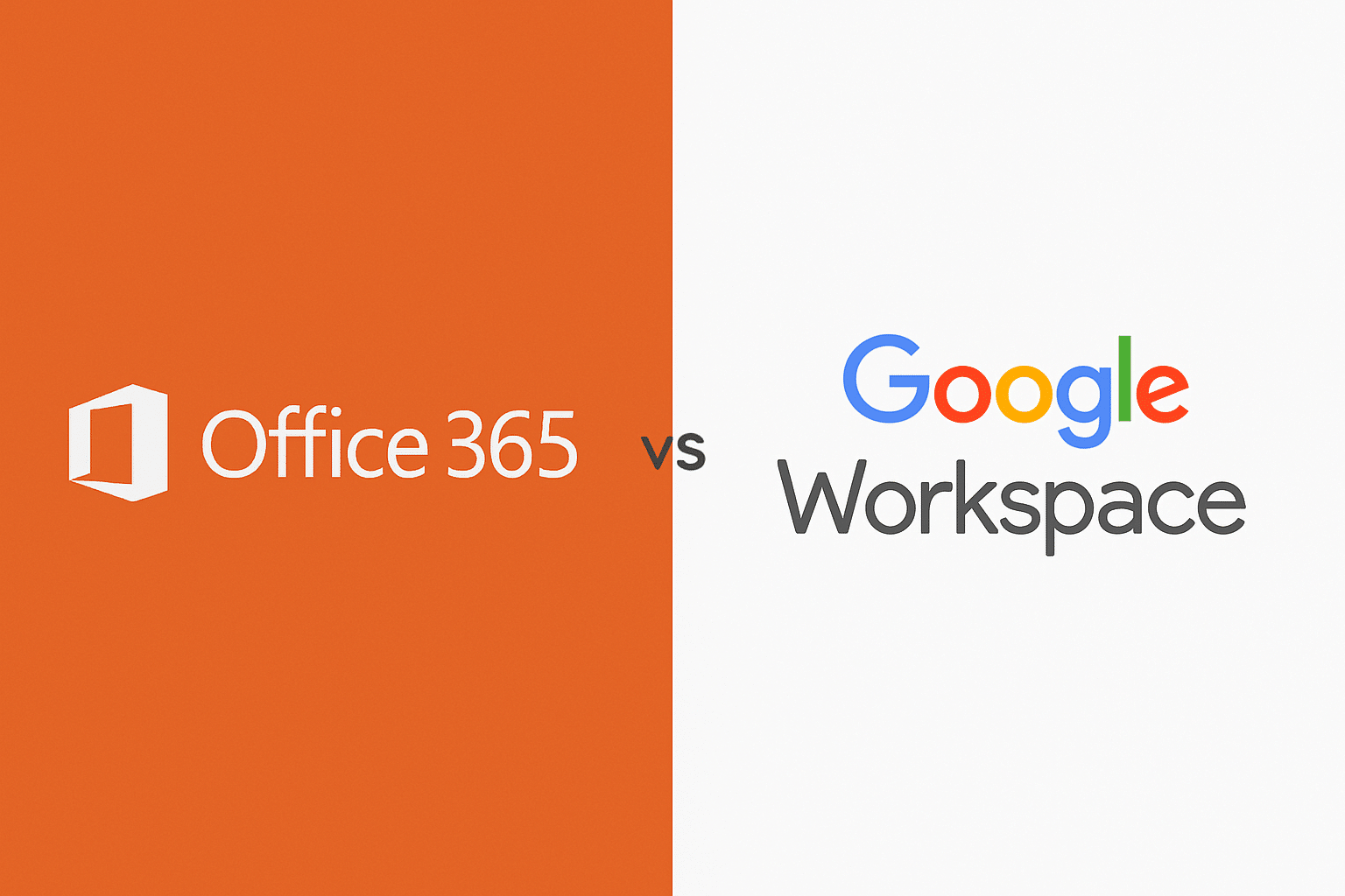 A split image highlights Office 365 v Google Workspace, featuring the Office 365 logo on an orange background left and the Google Workspace logo on white right, separated by a bold 
