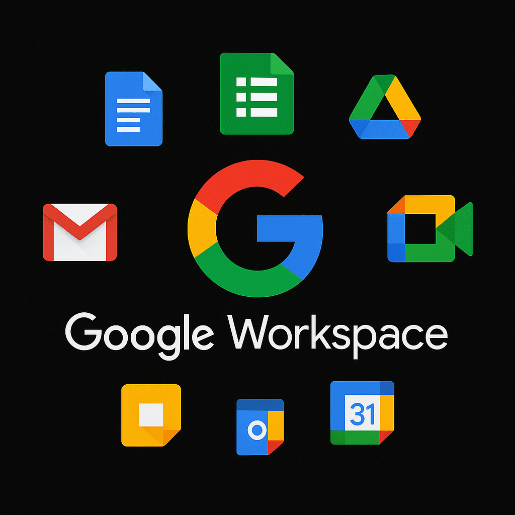 The Google Workspace logo is in the center, surrounded by icons for Docs, Sheets, Drive, Meet, Gmail, Keep, Contacts, and Calendar on a black background—perfect for exploring Office 365 v Google Workspace comparisons.