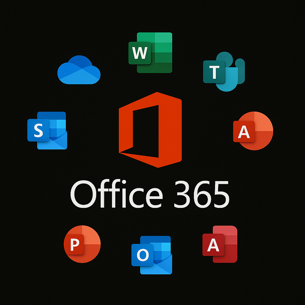The Office 365 logo is centered, surrounded by icons for Word, Excel, Teams, Outlook, PowerPoint, OneDrive, and Access on a black background—highlighting the Office 365 v Google Workspace comparison.