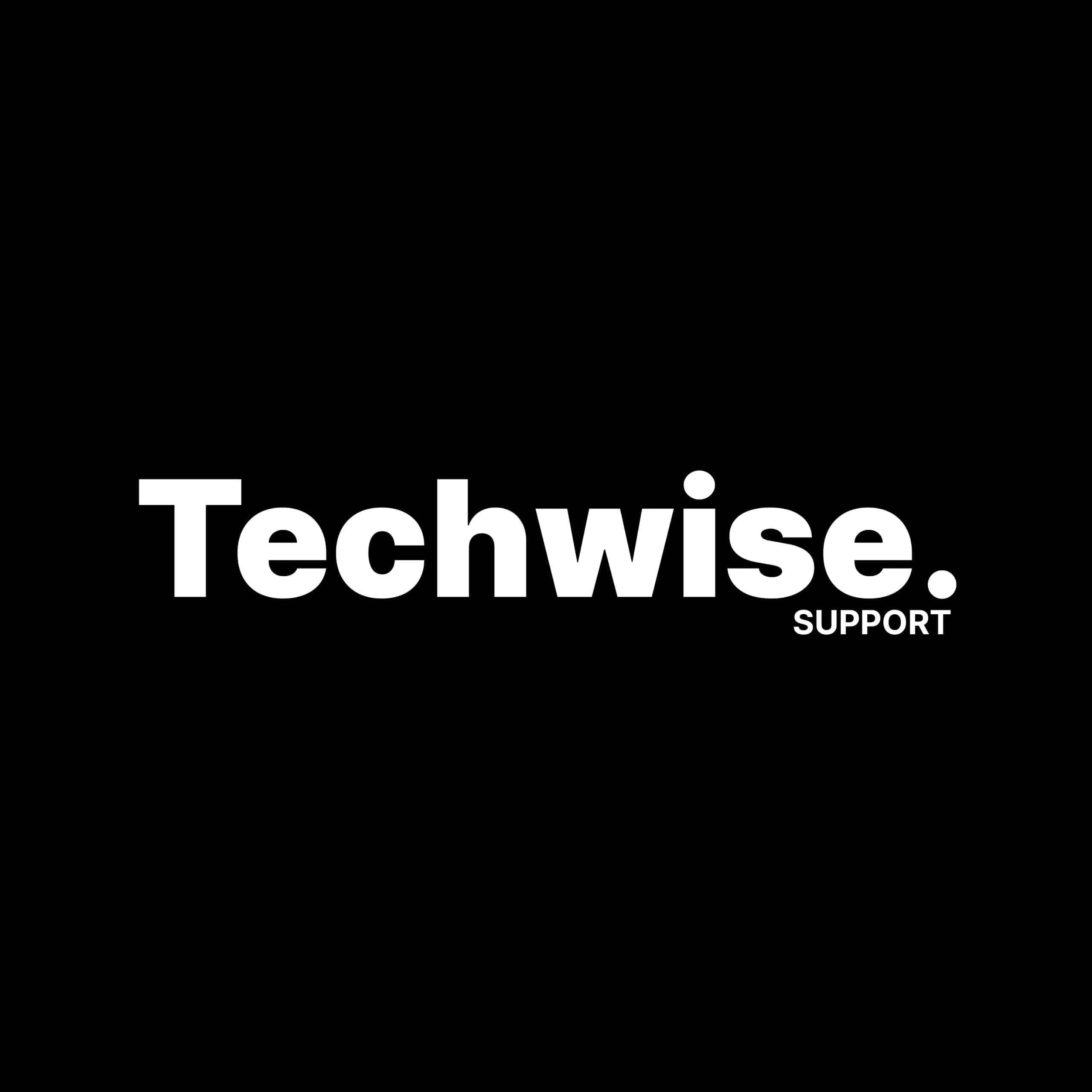 White text on a black background reads Welcome to Techwise. in large bold letters, with SUPPORT in smaller capital letters beneath and to the right of the period.