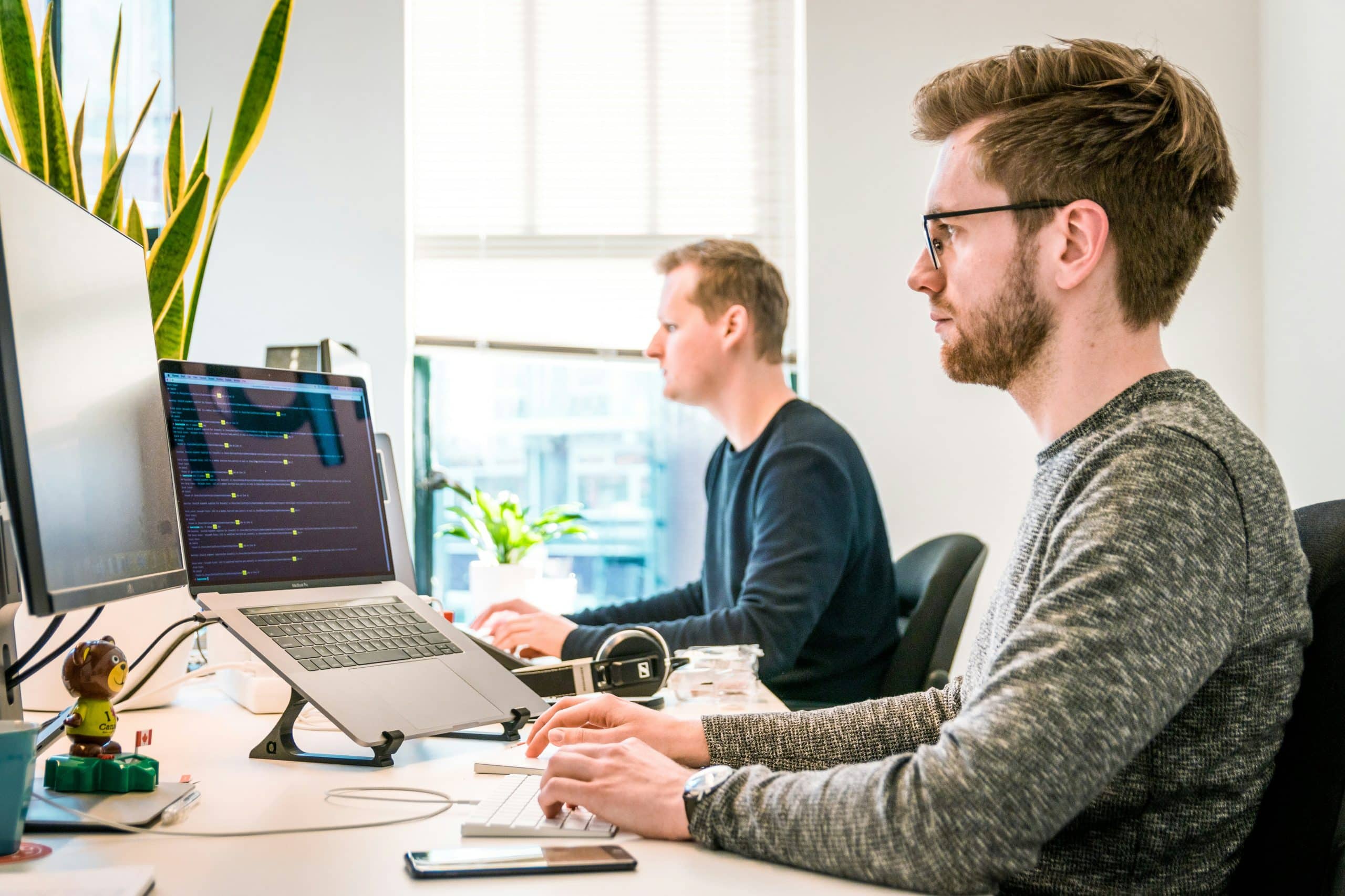 Two men working at desks with computers in a bright office, one using a laptop on a stand and the other on a desktop. There are plants and office supplies visible on the desks.